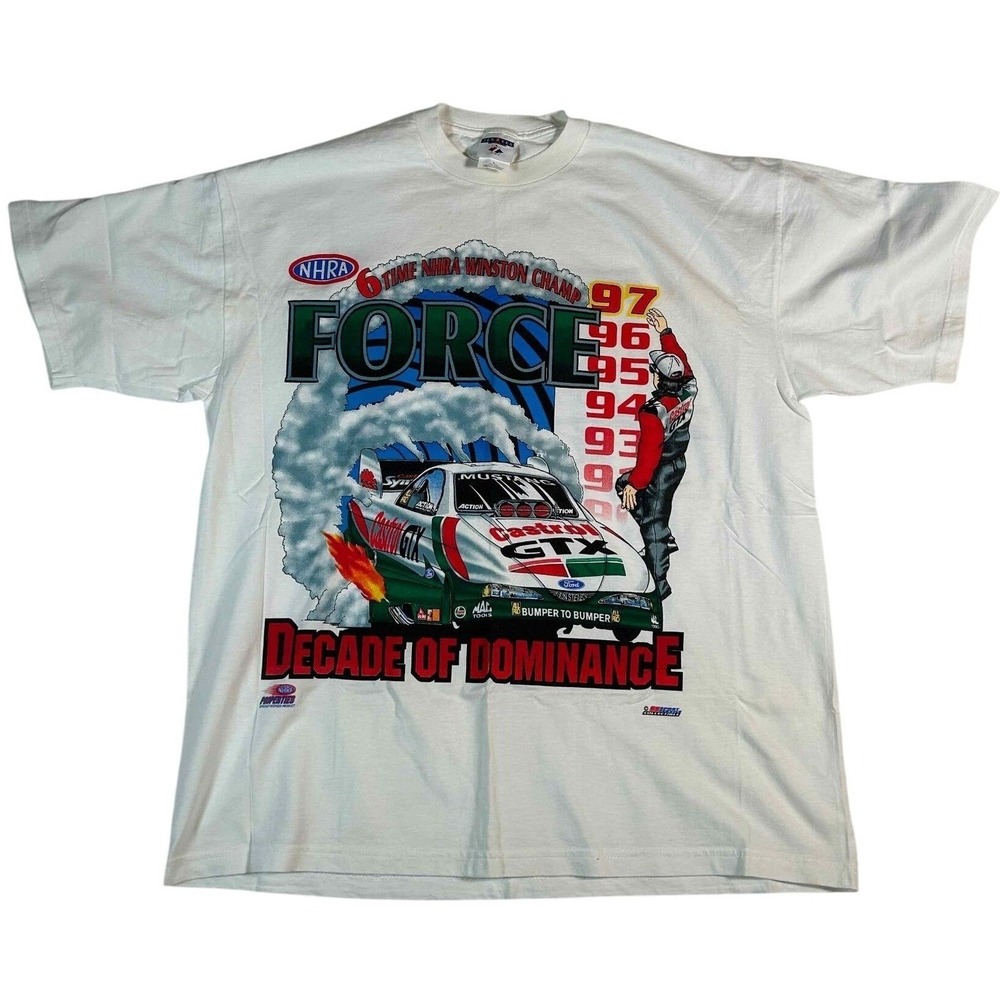Vintage Jerzees NHRA‎ John Force Decade of Dominance Racing T-Shirt White XL